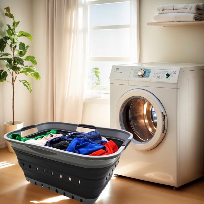 SAMMART 42L Collapsible Plastic Laundry Basket - Foldable Pop Up Storage Container/Organizer - Space Saving Hamper/Basket (1, Grey/Black) - Image 2